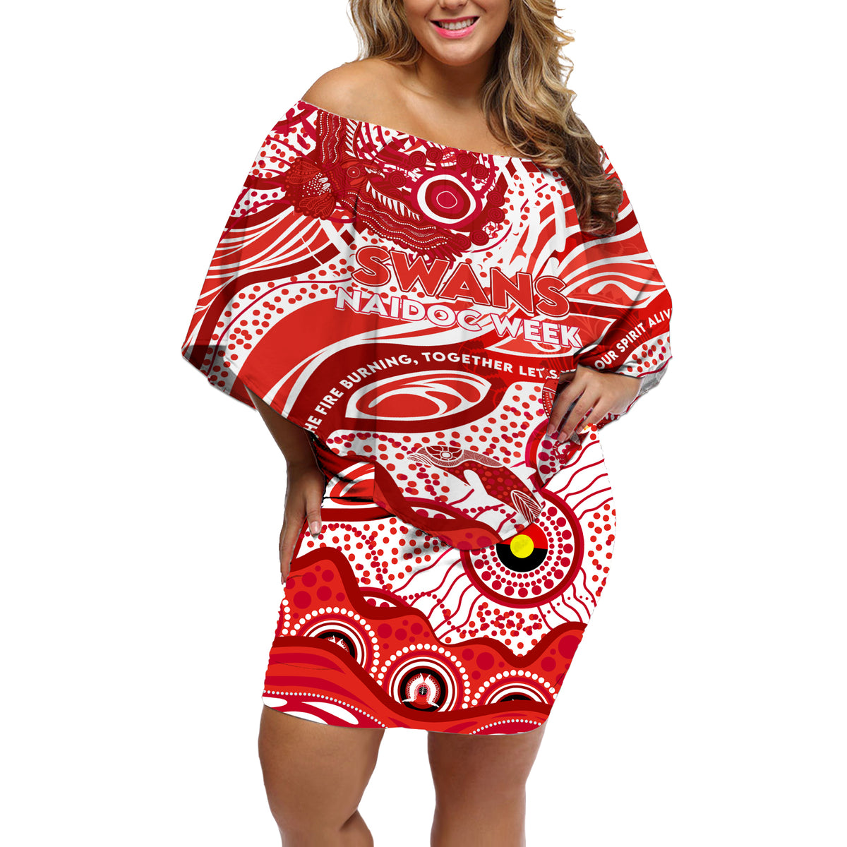Custom NAIDOC Week 2024 Swans Off Shoulder Short Dress Aboriginal Animals Keep The Fire Burning