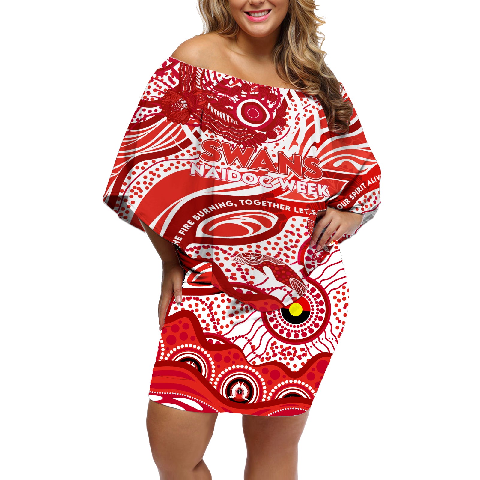 Custom NAIDOC Week 2024 Swans Off Shoulder Short Dress Aboriginal Animals Keep The Fire Burning