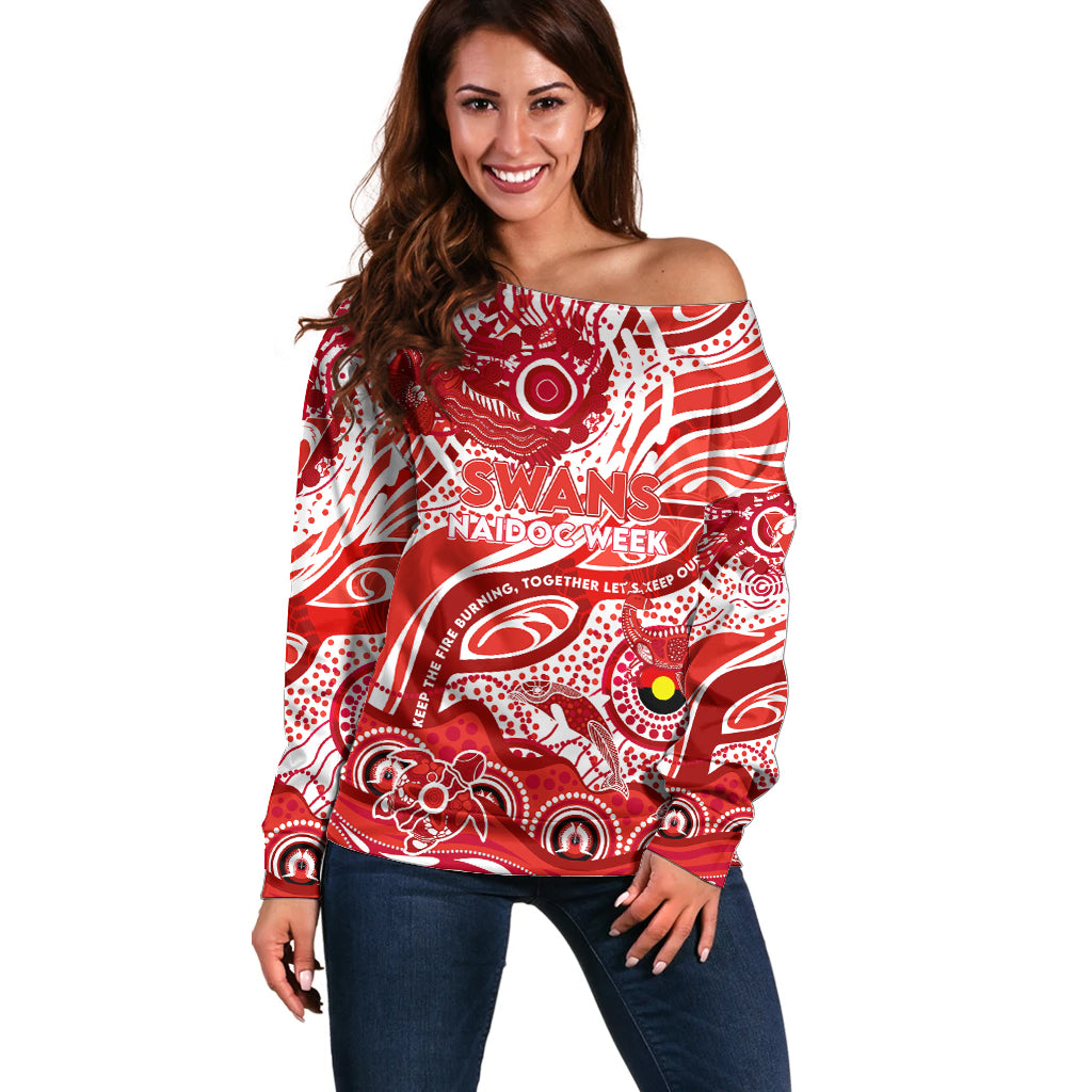 Custom NAIDOC Week 2024 Swans Off Shoulder Sweater Aboriginal Animals Keep The Fire Burning