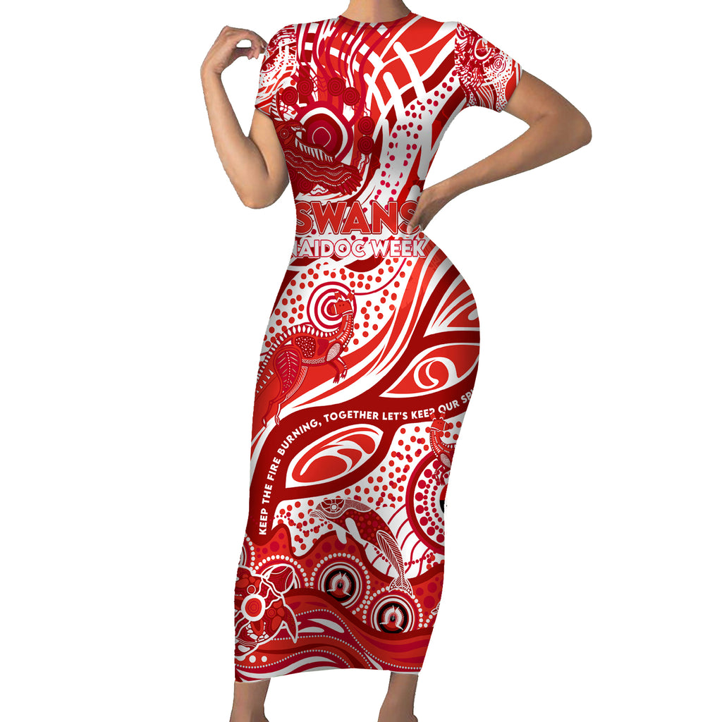 Custom NAIDOC Week 2024 Swans Short Sleeve Bodycon Dress Aboriginal Animals Keep The Fire Burning