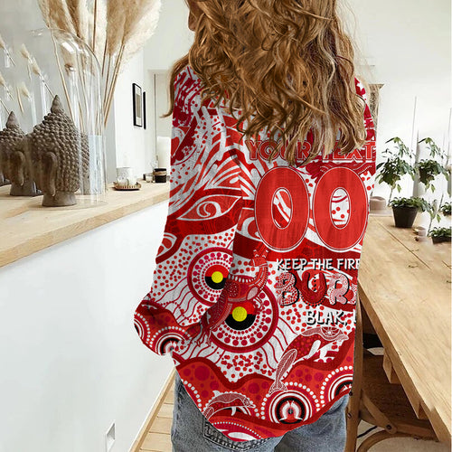 Custom NAIDOC Week 2024 Swans Women Casual Shirt Aboriginal Animals Keep The Fire Burning