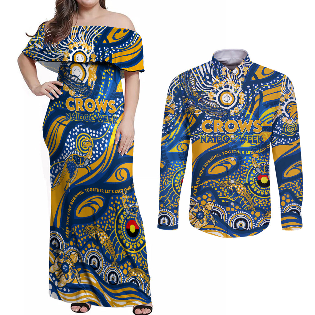 Custom NAIDOC Week 2024 Eagles Couples Matching Off Shoulder Maxi Dress and Long Sleeve Button Shirt Aboriginal Animals Keep The Fire Burning