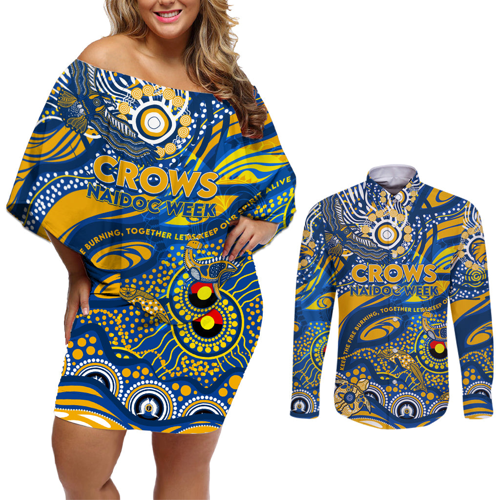 Custom NAIDOC Week 2024 Eagles Couples Matching Off Shoulder Short Dress and Long Sleeve Button Shirt Aboriginal Animals Keep The Fire Burning