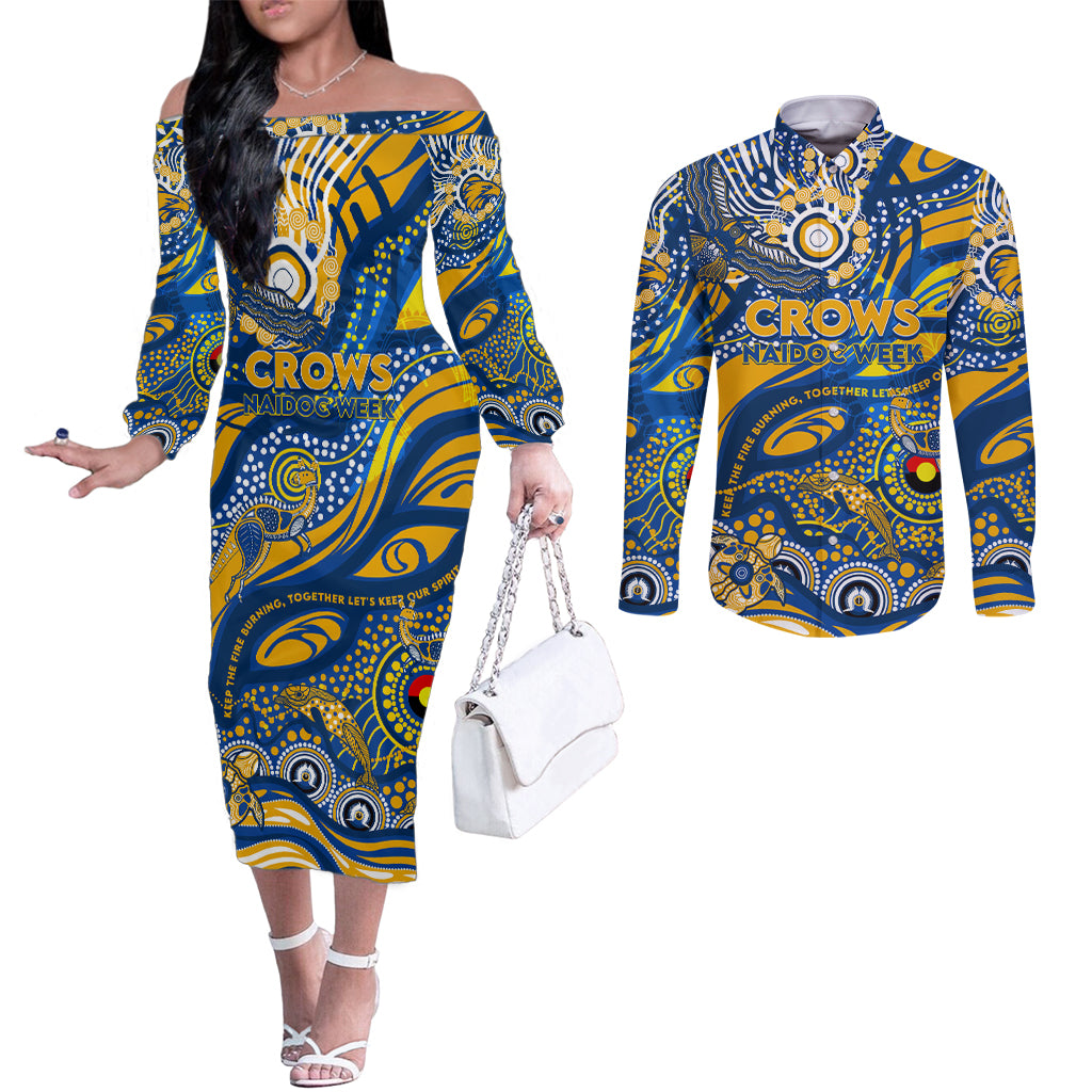 Custom NAIDOC Week 2024 Eagles Couples Matching Off The Shoulder Long Sleeve Dress and Long Sleeve Button Shirt Aboriginal Animals Keep The Fire Burning