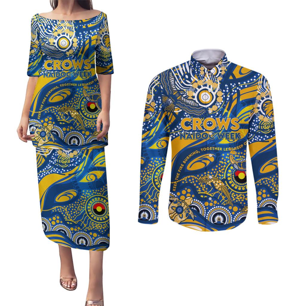 Custom NAIDOC Week 2024 Eagles Couples Matching Puletasi and Long Sleeve Button Shirt Aboriginal Animals Keep The Fire Burning