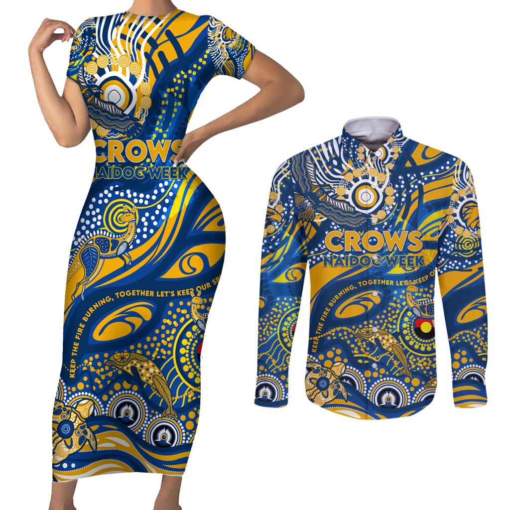Custom NAIDOC Week 2024 Eagles Couples Matching Short Sleeve Bodycon Dress and Long Sleeve Button Shirt Aboriginal Animals Keep The Fire Burning