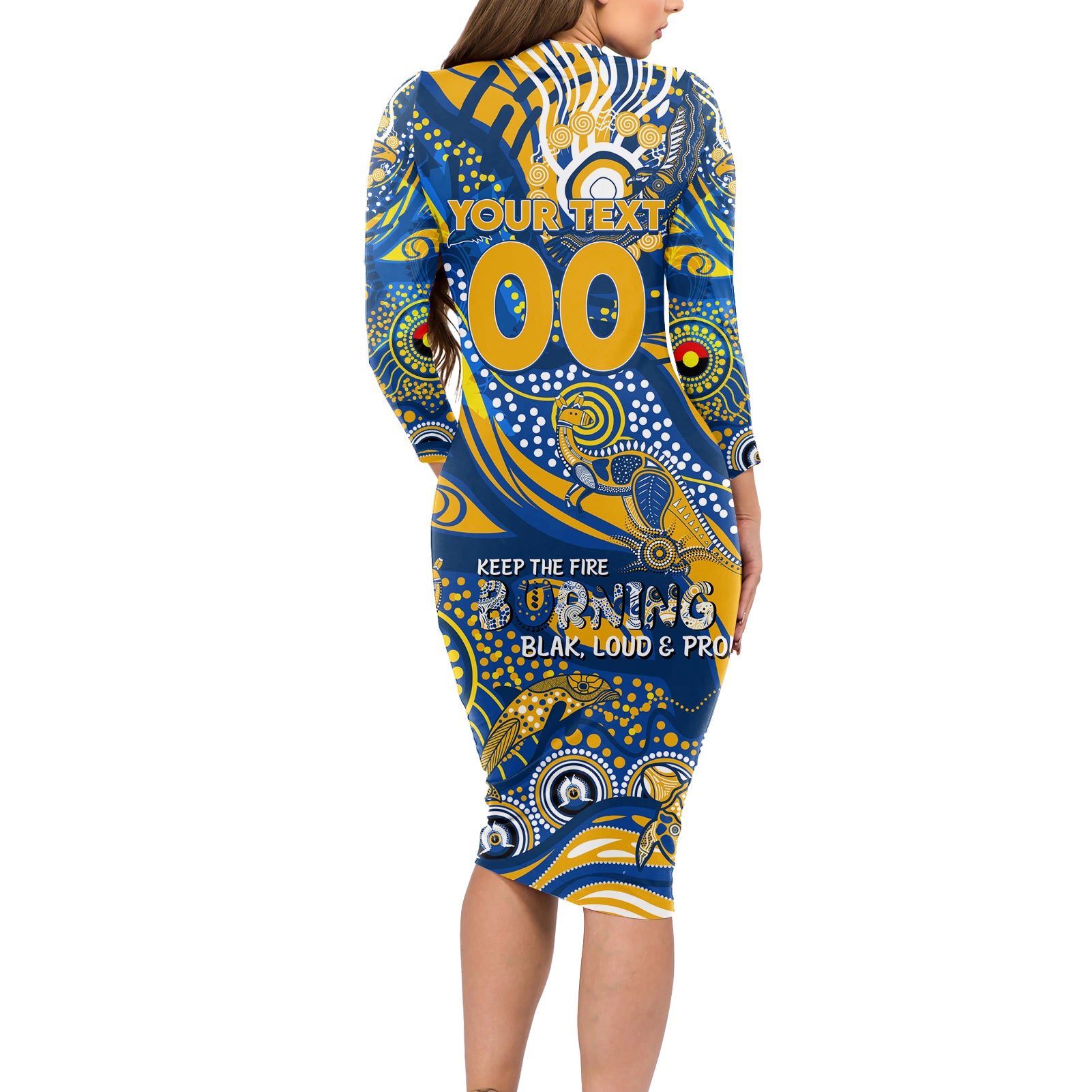 Custom NAIDOC Week 2024 Eagles Long Sleeve Bodycon Dress Aboriginal Animals Keep The Fire Burning