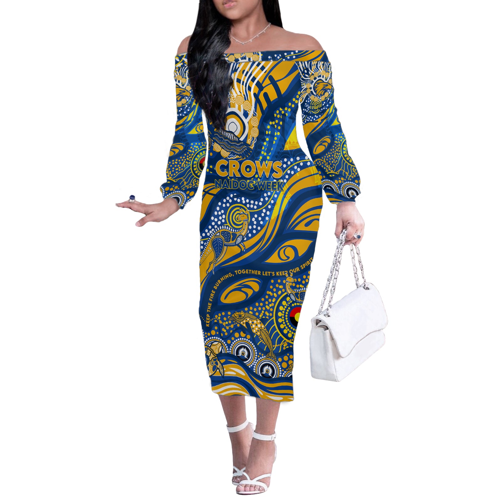 Custom NAIDOC Week 2024 Eagles Off The Shoulder Long Sleeve Dress Aboriginal Animals Keep The Fire Burning