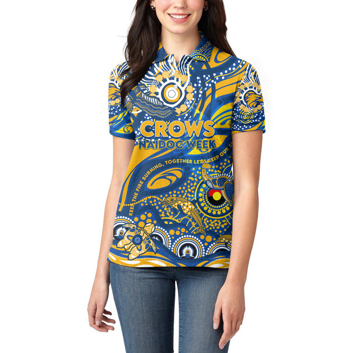 Custom NAIDOC Week 2024 Eagles Women Polo Shirt Aboriginal Animals Keep The Fire Burning