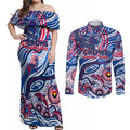 Custom NAIDOC Week 2024 Bulldogs Couples Matching Off Shoulder Maxi Dress and Long Sleeve Button Shirt Aboriginal Animals Keep The Fire Burning