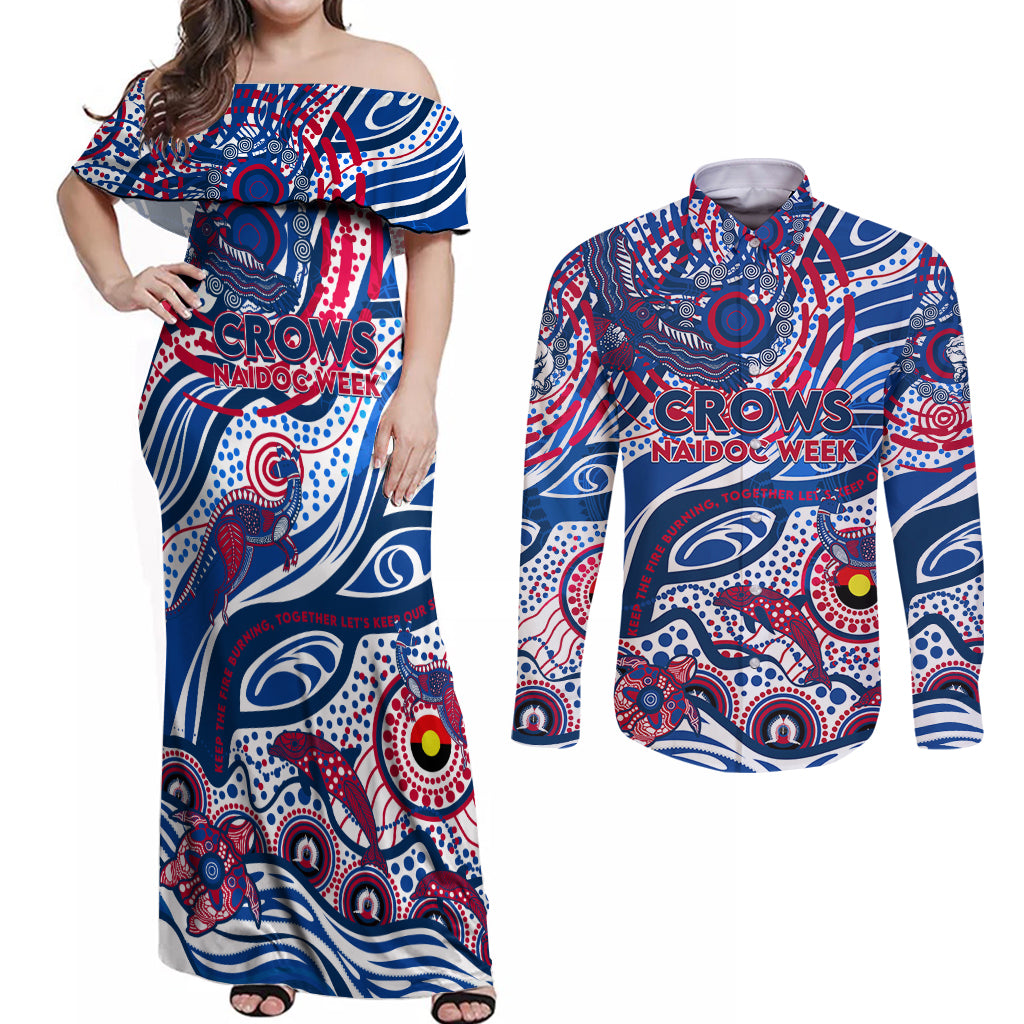 Custom NAIDOC Week 2024 Bulldogs Couples Matching Off Shoulder Maxi Dress and Long Sleeve Button Shirt Aboriginal Animals Keep The Fire Burning