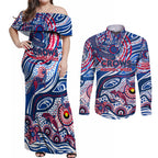Custom NAIDOC Week 2024 Bulldogs Couples Matching Off Shoulder Maxi Dress and Long Sleeve Button Shirt Aboriginal Animals Keep The Fire Burning