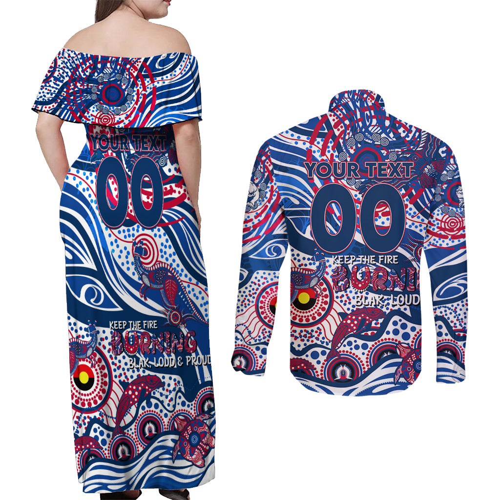 Custom NAIDOC Week 2024 Bulldogs Couples Matching Off Shoulder Maxi Dress and Long Sleeve Button Shirt Aboriginal Animals Keep The Fire Burning