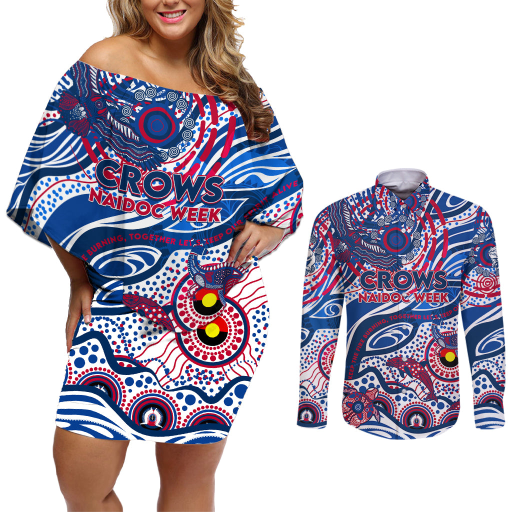 Custom NAIDOC Week 2024 Bulldogs Couples Matching Off Shoulder Short Dress and Long Sleeve Button Shirt Aboriginal Animals Keep The Fire Burning