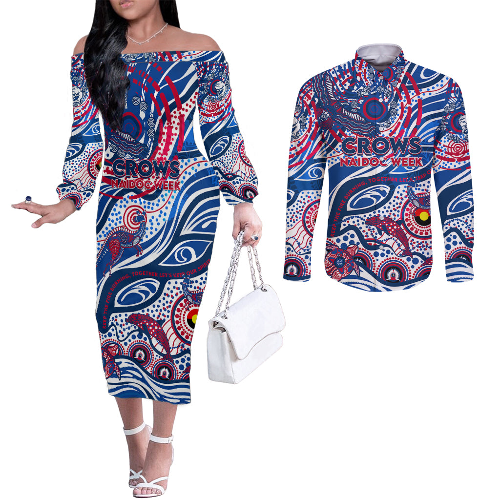 Custom NAIDOC Week 2024 Bulldogs Couples Matching Off The Shoulder Long Sleeve Dress and Long Sleeve Button Shirt Aboriginal Animals Keep The Fire Burning