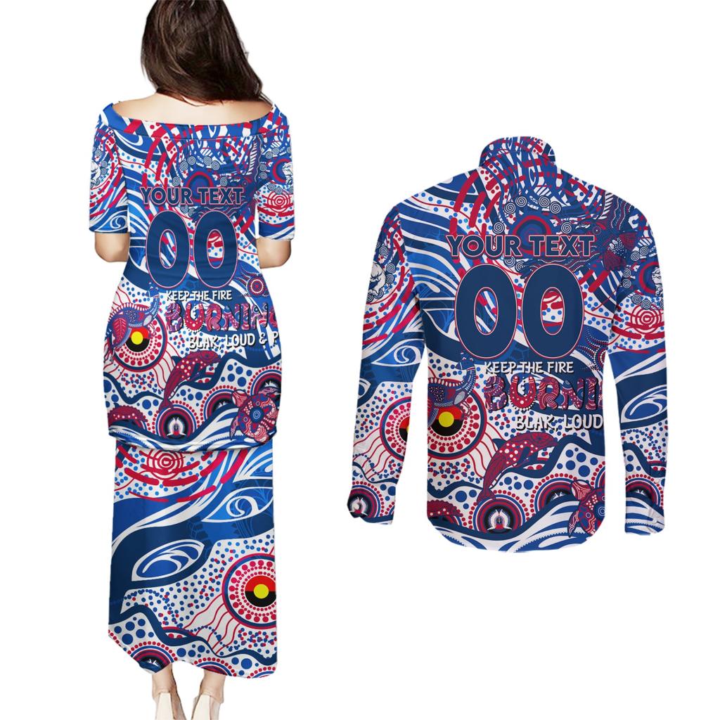 Custom NAIDOC Week 2024 Bulldogs Couples Matching Puletasi and Long Sleeve Button Shirt Aboriginal Animals Keep The Fire Burning