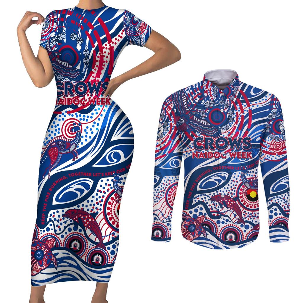 Custom NAIDOC Week 2024 Bulldogs Couples Matching Short Sleeve Bodycon Dress and Long Sleeve Button Shirt Aboriginal Animals Keep The Fire Burning
