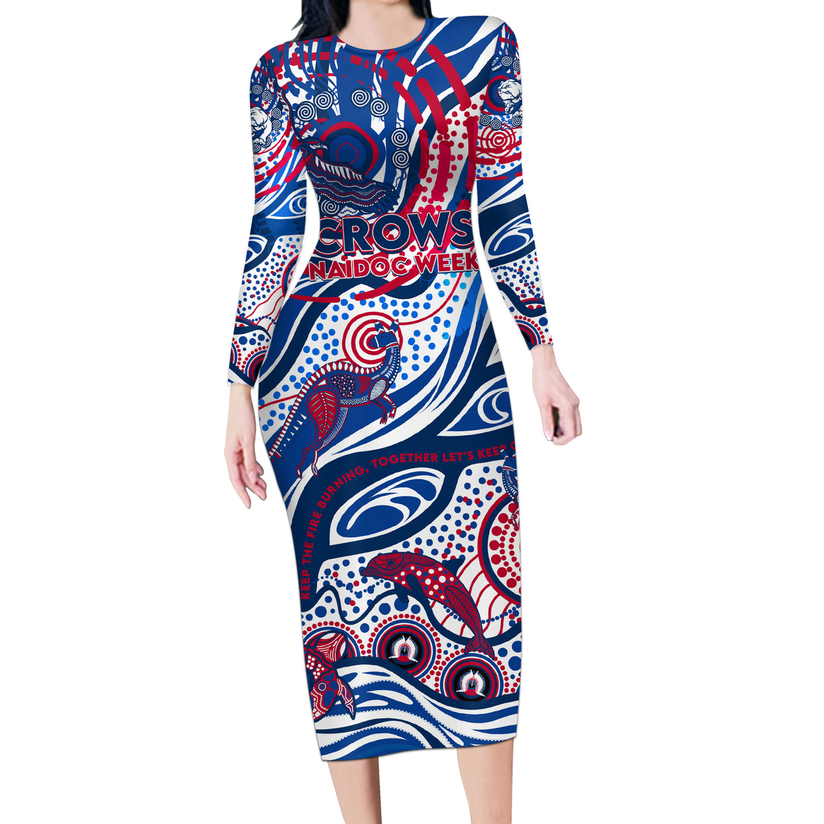 Custom NAIDOC Week 2024 Bulldogs Long Sleeve Bodycon Dress Aboriginal Animals Keep The Fire Burning