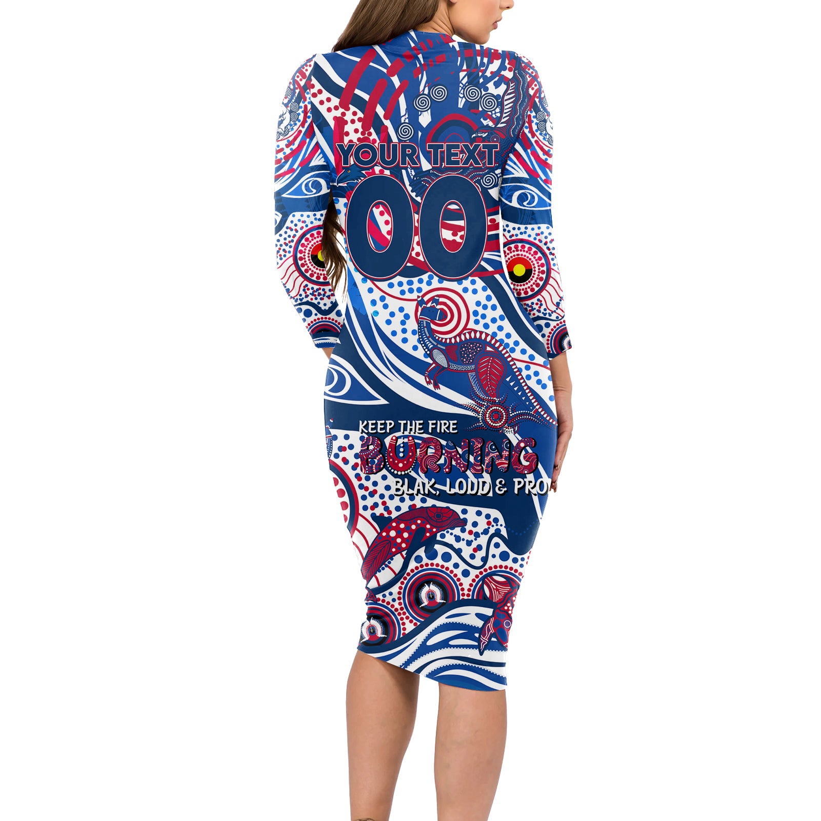 Custom NAIDOC Week 2024 Bulldogs Long Sleeve Bodycon Dress Aboriginal Animals Keep The Fire Burning