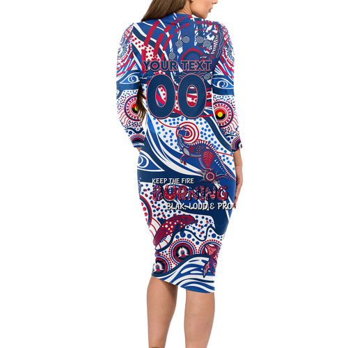 Custom NAIDOC Week 2024 Bulldogs Long Sleeve Bodycon Dress Aboriginal Animals Keep The Fire Burning