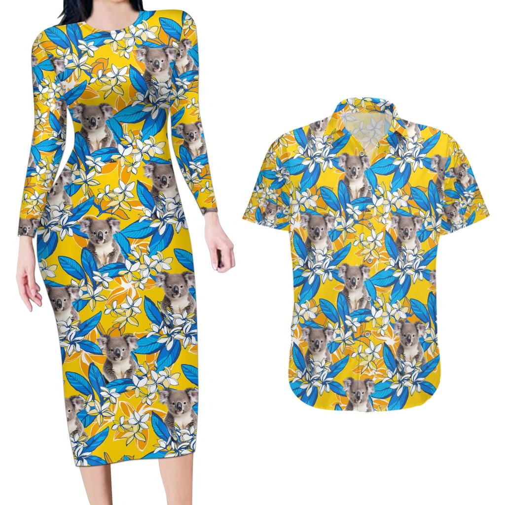 Koala Couples Matching Long Sleeve Bodycon Dress and Hawaiian Shirt Plumeria Flowers