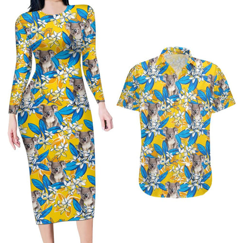Koala Couples Matching Long Sleeve Bodycon Dress and Hawaiian Shirt Plumeria Flowers