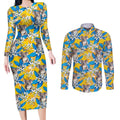 Koala Couples Matching Long Sleeve Bodycon Dress and Long Sleeve Button Shirt Plumeria Flowers