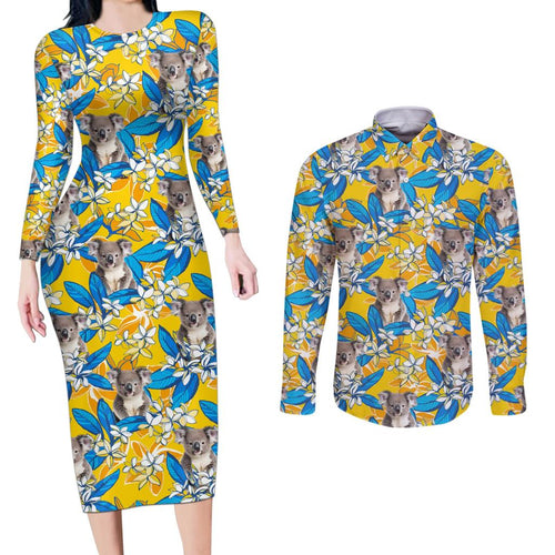 Koala Couples Matching Long Sleeve Bodycon Dress and Long Sleeve Button Shirt Plumeria Flowers