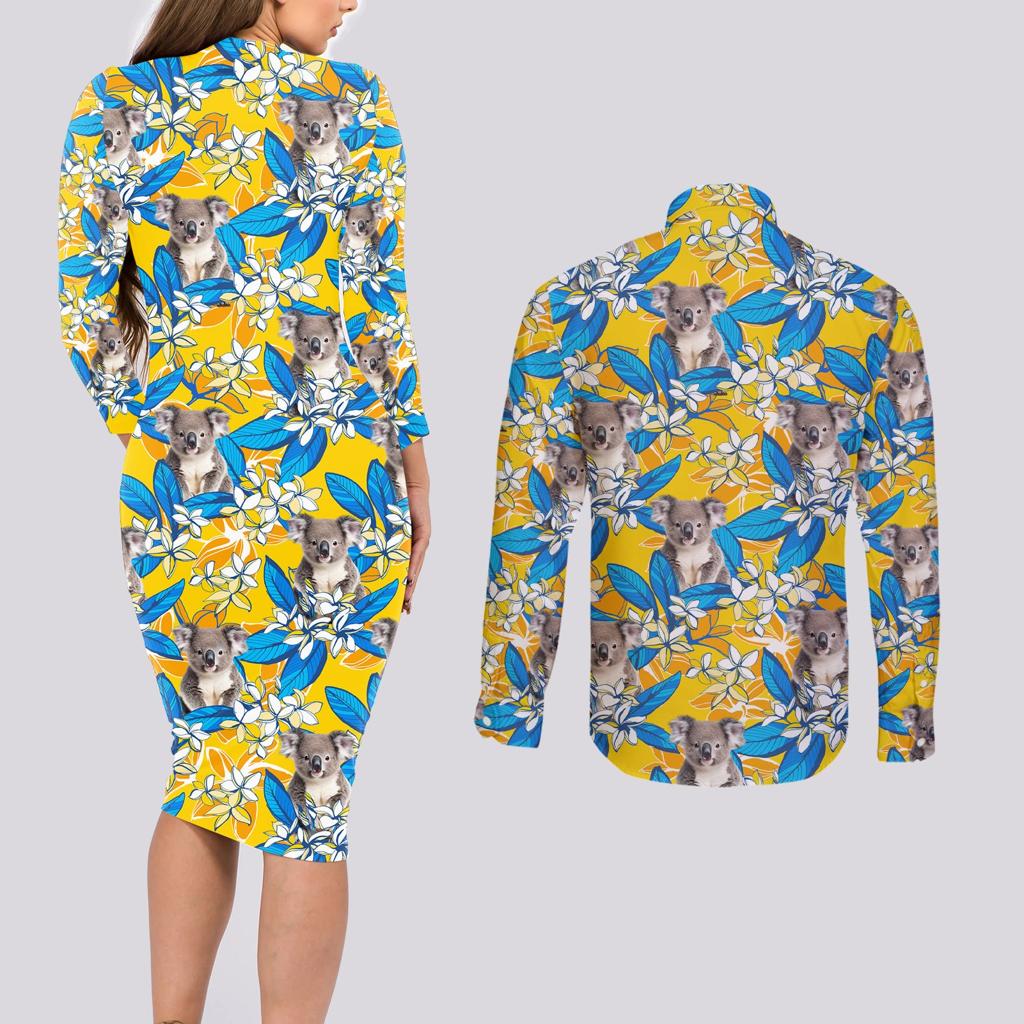 Koala Couples Matching Long Sleeve Bodycon Dress and Long Sleeve Button Shirt Plumeria Flowers