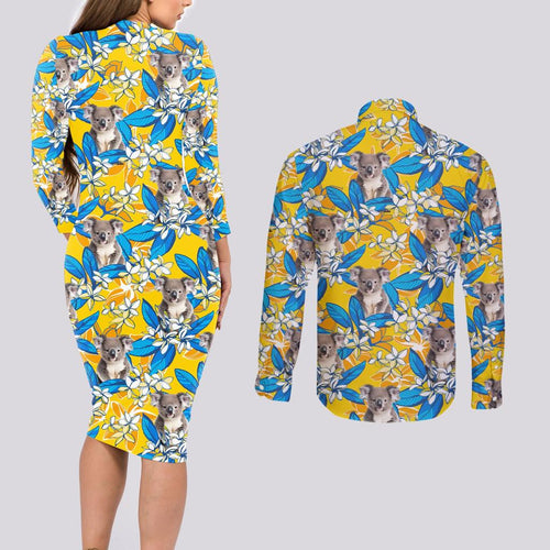 Koala Couples Matching Long Sleeve Bodycon Dress and Long Sleeve Button Shirt Plumeria Flowers