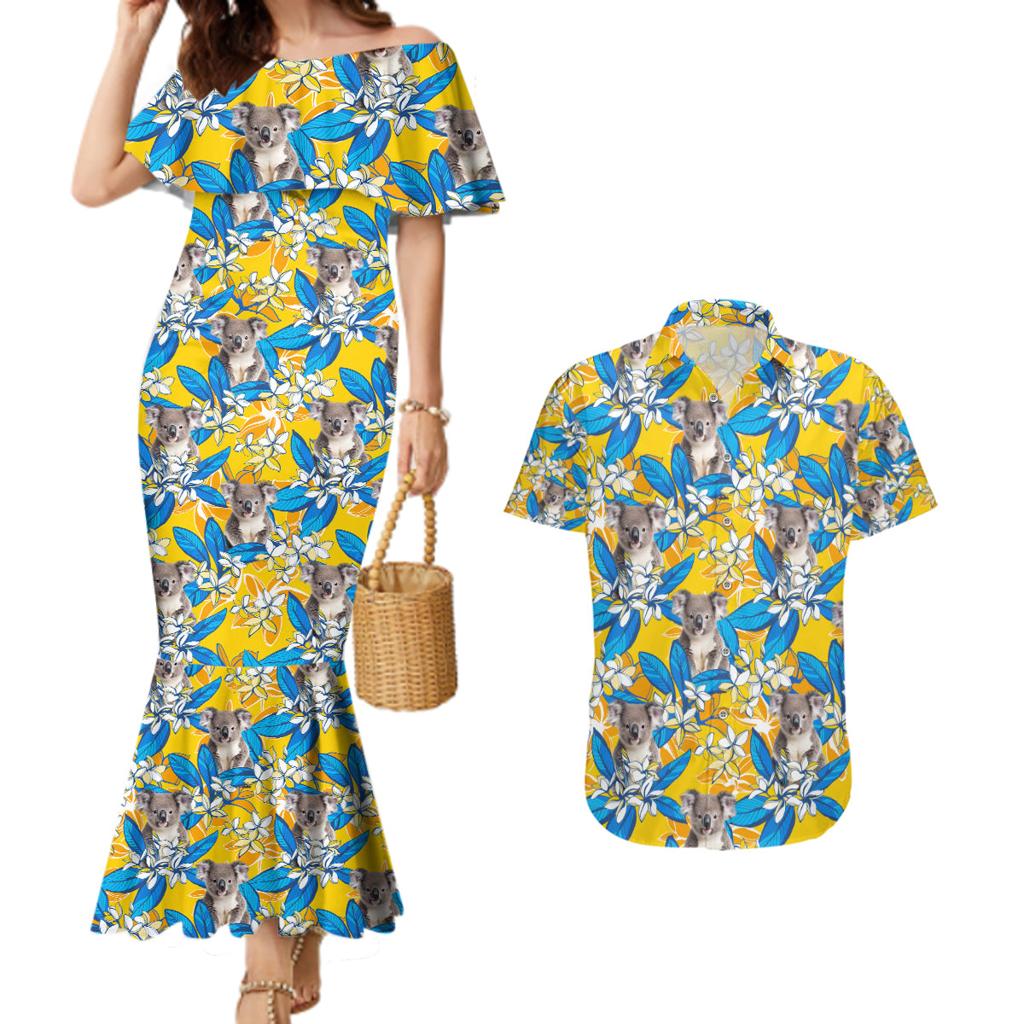 Koala Couples Matching Mermaid Dress and Hawaiian Shirt Plumeria Flowers