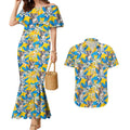 Koala Couples Matching Mermaid Dress and Hawaiian Shirt Plumeria Flowers