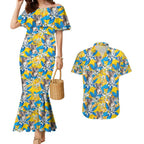 Koala Couples Matching Mermaid Dress and Hawaiian Shirt Plumeria Flowers