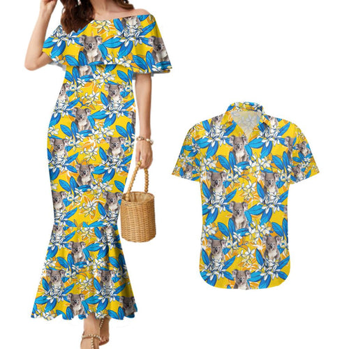 Koala Couples Matching Mermaid Dress and Hawaiian Shirt Plumeria Flowers