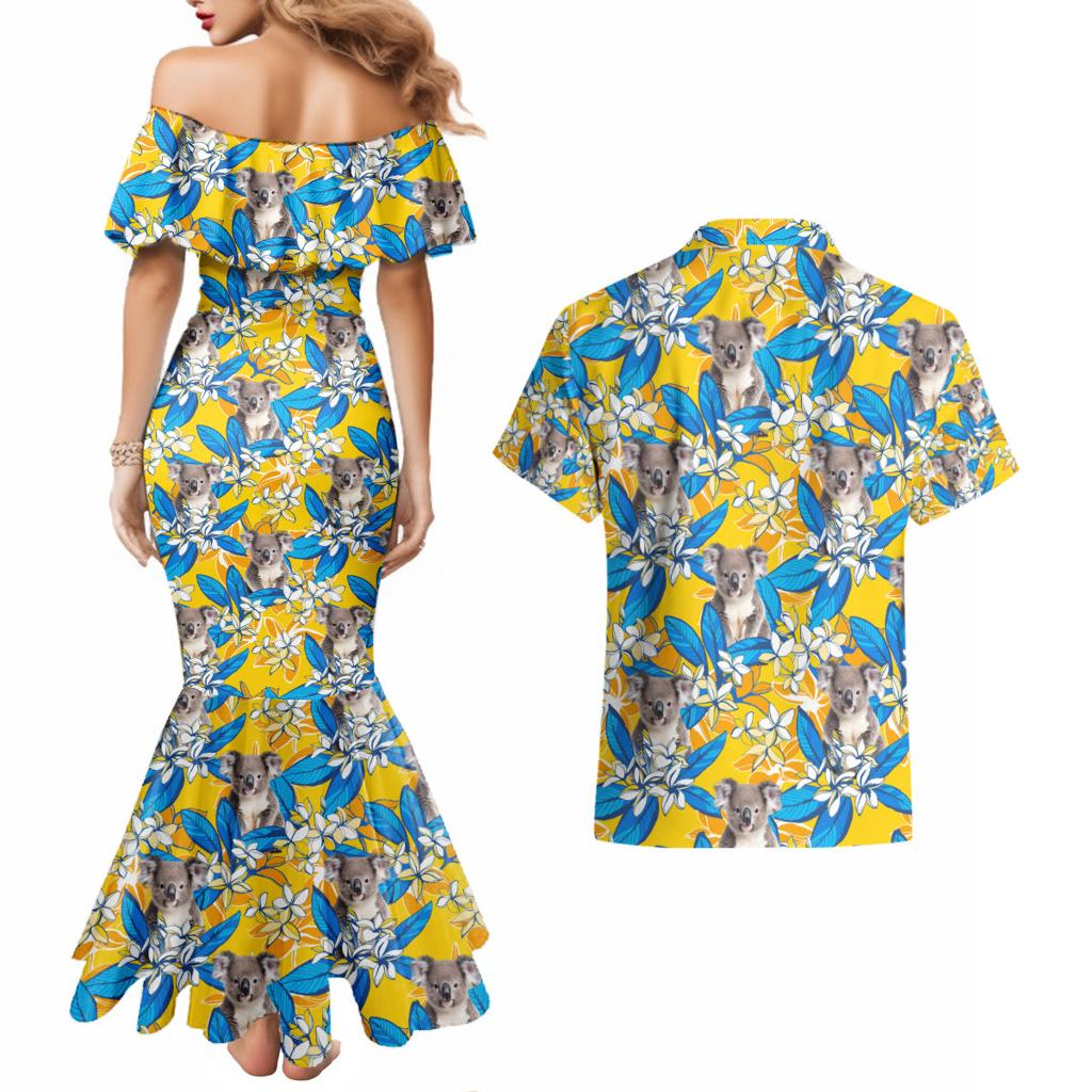 Koala Couples Matching Mermaid Dress and Hawaiian Shirt Plumeria Flowers