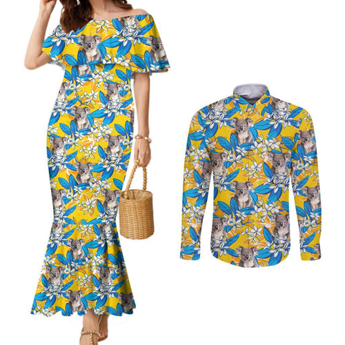 Koala Couples Matching Mermaid Dress and Long Sleeve Button Shirt Plumeria Flowers