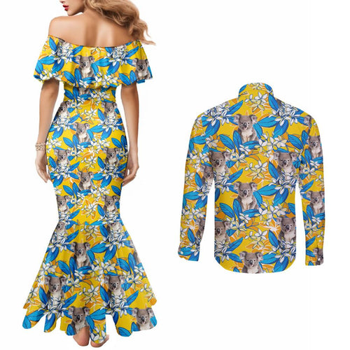 Koala Couples Matching Mermaid Dress and Long Sleeve Button Shirt Plumeria Flowers