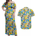 Koala Couples Matching Off Shoulder Maxi Dress and Hawaiian Shirt Plumeria Flowers