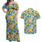 Koala Couples Matching Off Shoulder Maxi Dress and Hawaiian Shirt Plumeria Flowers