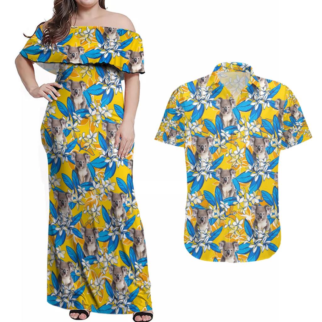 Koala Couples Matching Off Shoulder Maxi Dress and Hawaiian Shirt Plumeria Flowers