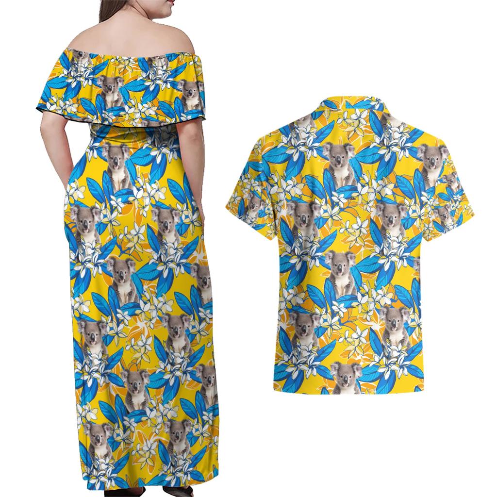 Koala Couples Matching Off Shoulder Maxi Dress and Hawaiian Shirt Plumeria Flowers