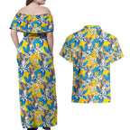 Koala Couples Matching Off Shoulder Maxi Dress and Hawaiian Shirt Plumeria Flowers