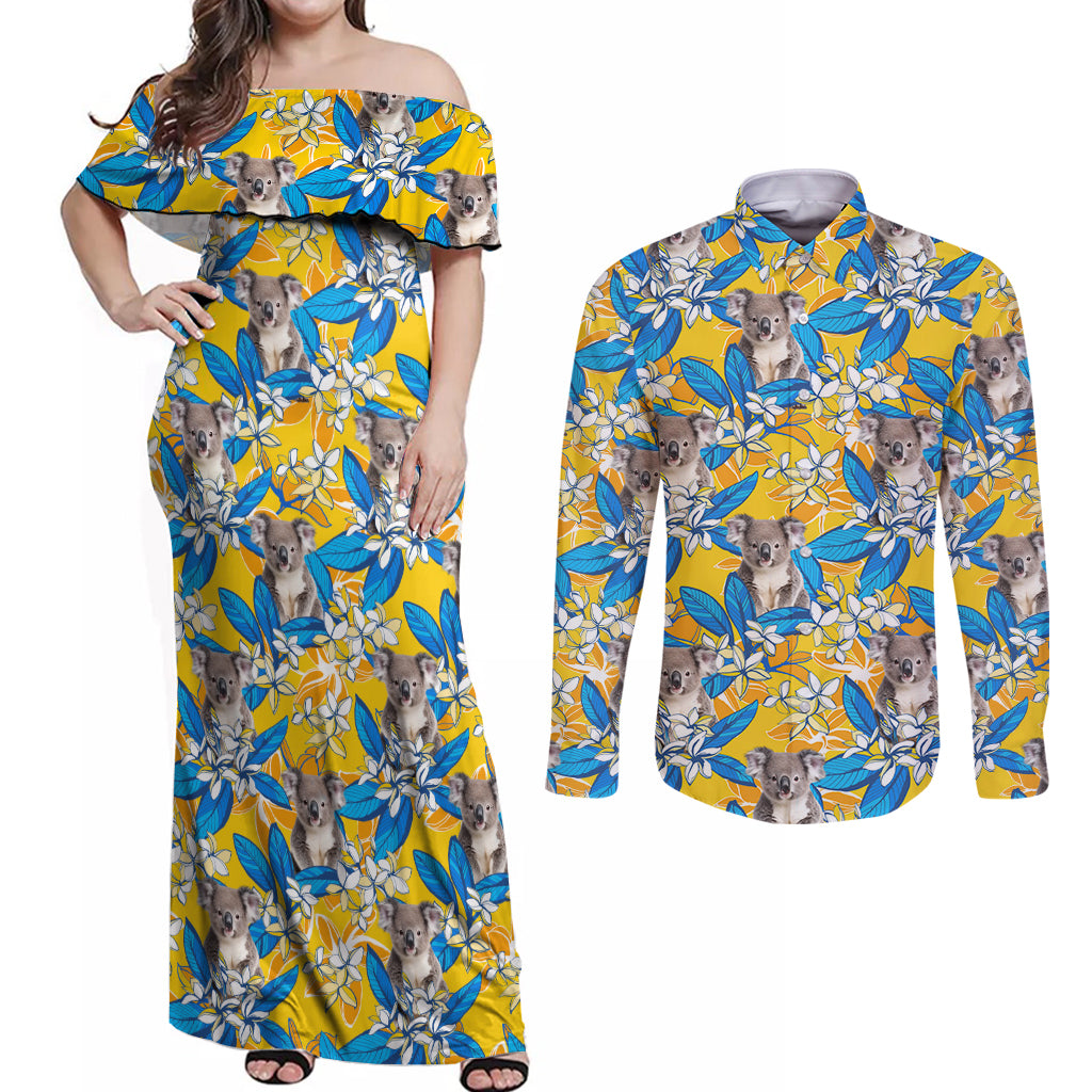 Koala Couples Matching Off Shoulder Maxi Dress and Long Sleeve Button Shirt Plumeria Flowers