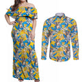 Koala Couples Matching Off Shoulder Maxi Dress and Long Sleeve Button Shirt Plumeria Flowers