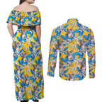 Koala Couples Matching Off Shoulder Maxi Dress and Long Sleeve Button Shirt Plumeria Flowers