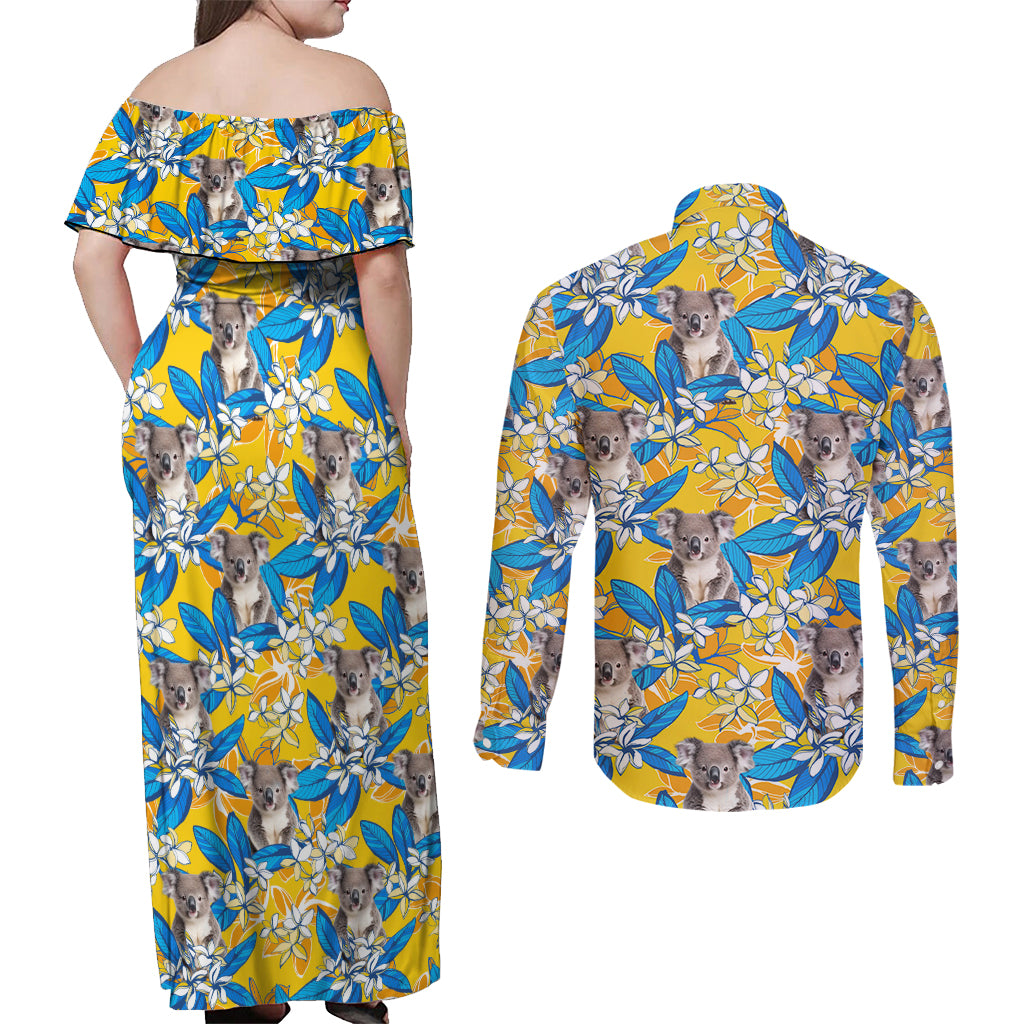Koala Couples Matching Off Shoulder Maxi Dress and Long Sleeve Button Shirt Plumeria Flowers