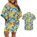 Koala Couples Matching Off Shoulder Short Dress and Hawaiian Shirt Plumeria Flowers