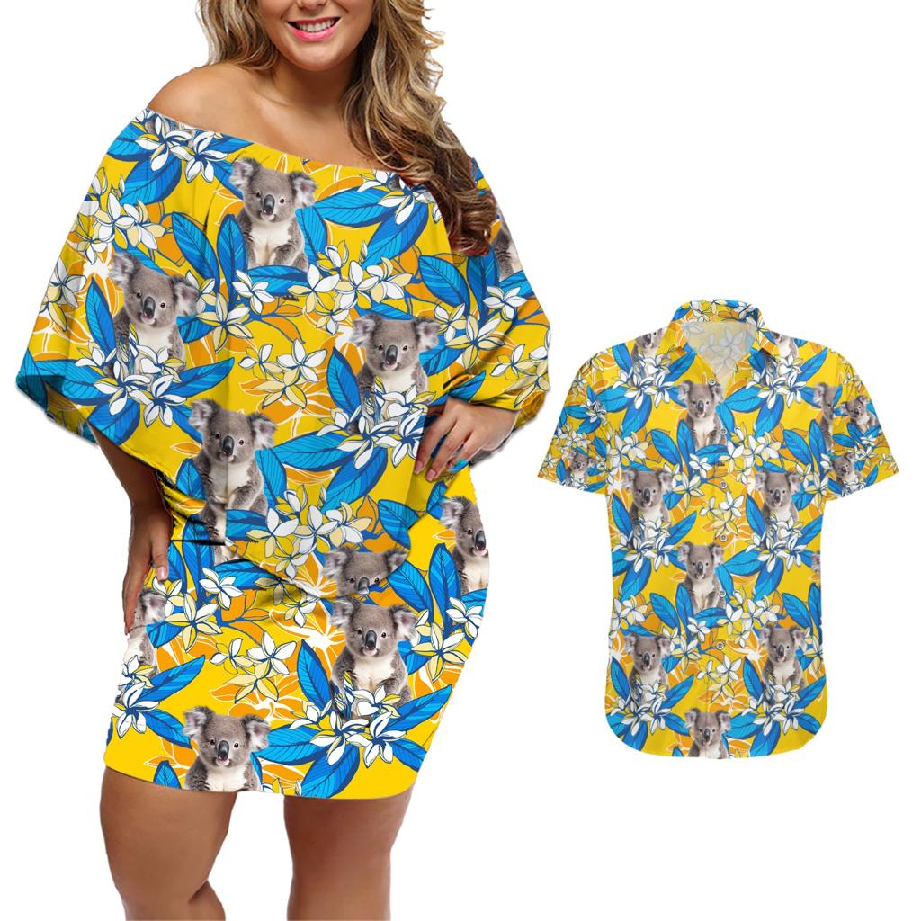 Koala Couples Matching Off Shoulder Short Dress and Hawaiian Shirt Plumeria Flowers