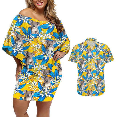 Koala Couples Matching Off Shoulder Short Dress and Hawaiian Shirt Plumeria Flowers