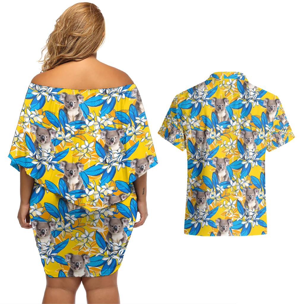 Koala Couples Matching Off Shoulder Short Dress and Hawaiian Shirt Plumeria Flowers